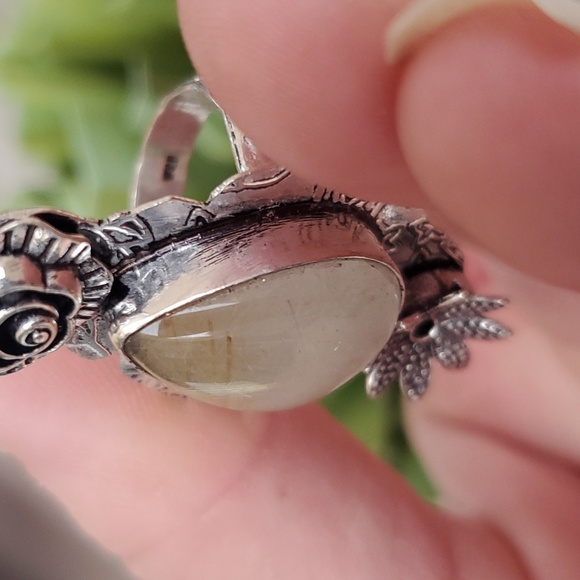 New Golden Rutile Carved 925 Silver Ring. - Picture 11 of 16